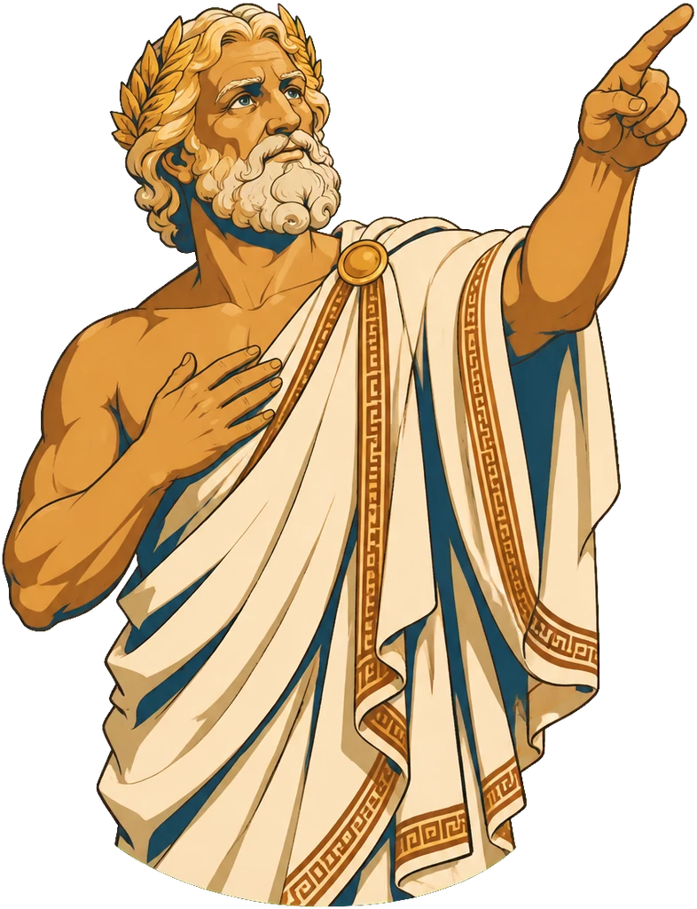 Zeus, drawn as a bronze and marble statue, pointing up at the night sky